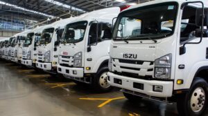 A shop filled with medium duty and light duty trucks. Several of them should be chevrolet and Isuzu CV trucks. The trucks should all be white and look like standard tucks that would be used by a blue collar worker.