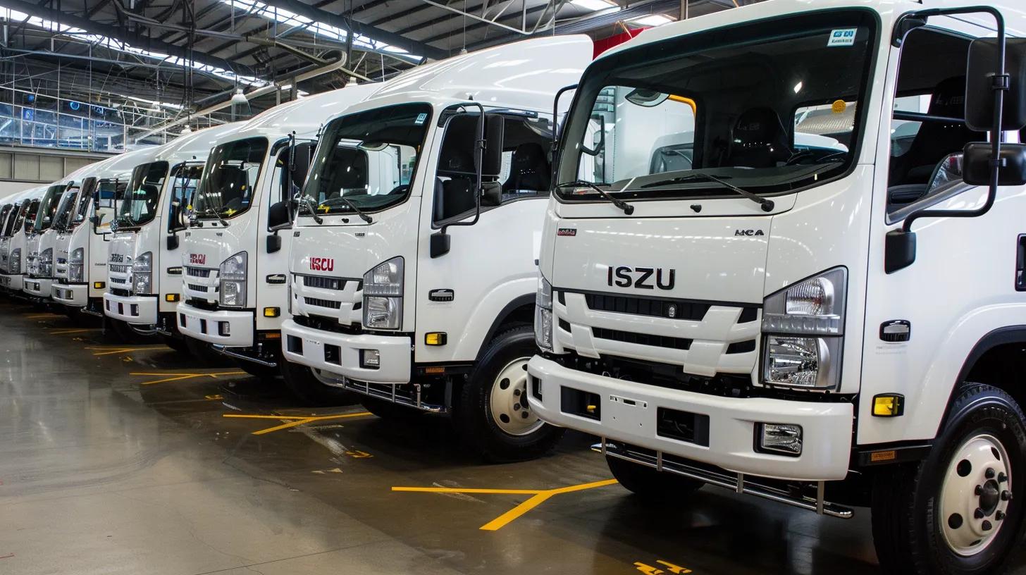 A shop filled with medium duty and light duty trucks. Several of them should be chevrolet and Isuzu CV trucks. The trucks should all be white and look like standard tucks that would be used by a blue collar worker.