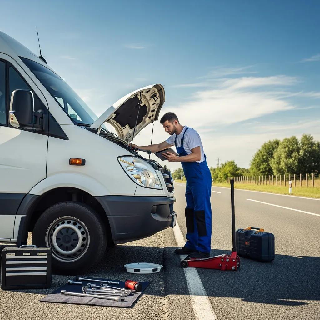 Commercial vehicle breakdown with a mechanic inspecting a delivery truck on the roadside