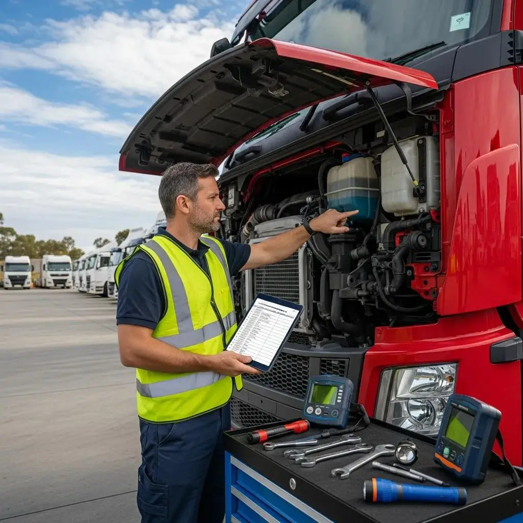 Fleet manager inspecting a commercial truck with a maintenance checklist, showcasing preventive maintenance best practices