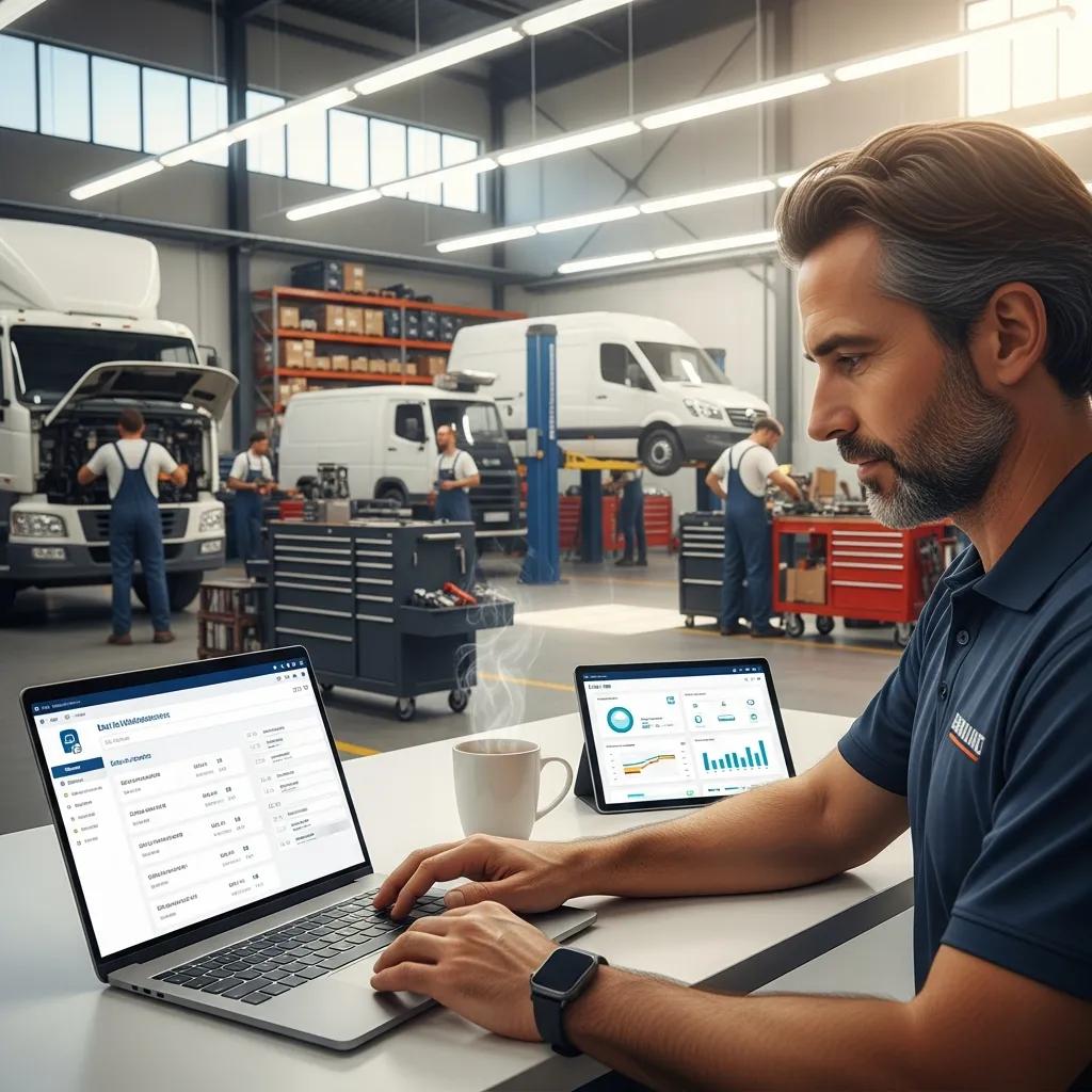 Fleet manager using a laptop for online scheduling of maintenance services, illustrating the benefits of technology in fleet operations