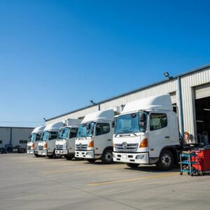 Fleet of well-maintained commercial trucks in a service yard, emphasizing preventive maintenance