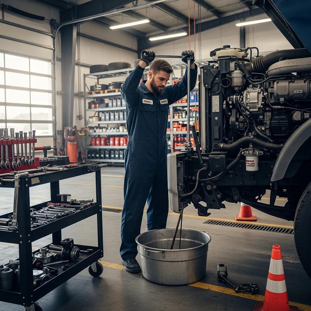 Mechanic performing an oil change on a heavy-duty truck, illustrating scheduled maintenance tasks