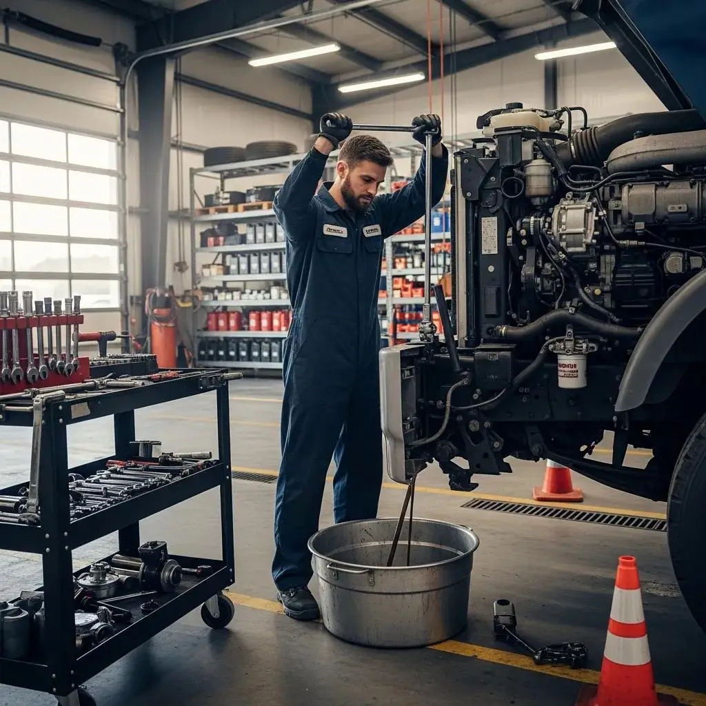 Mechanic performing an oil change on a heavy-duty truck, illustrating scheduled maintenance tasks