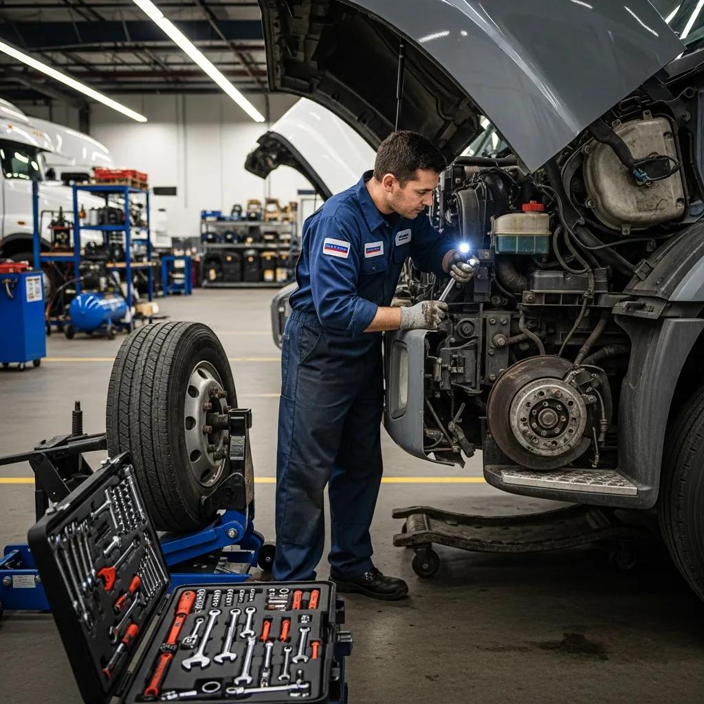 Mechanic performing preventive maintenance on a commercial truck