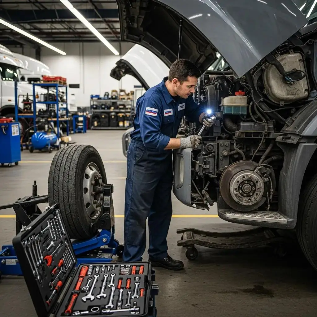 Mechanic performing preventive maintenance on a commercial truck