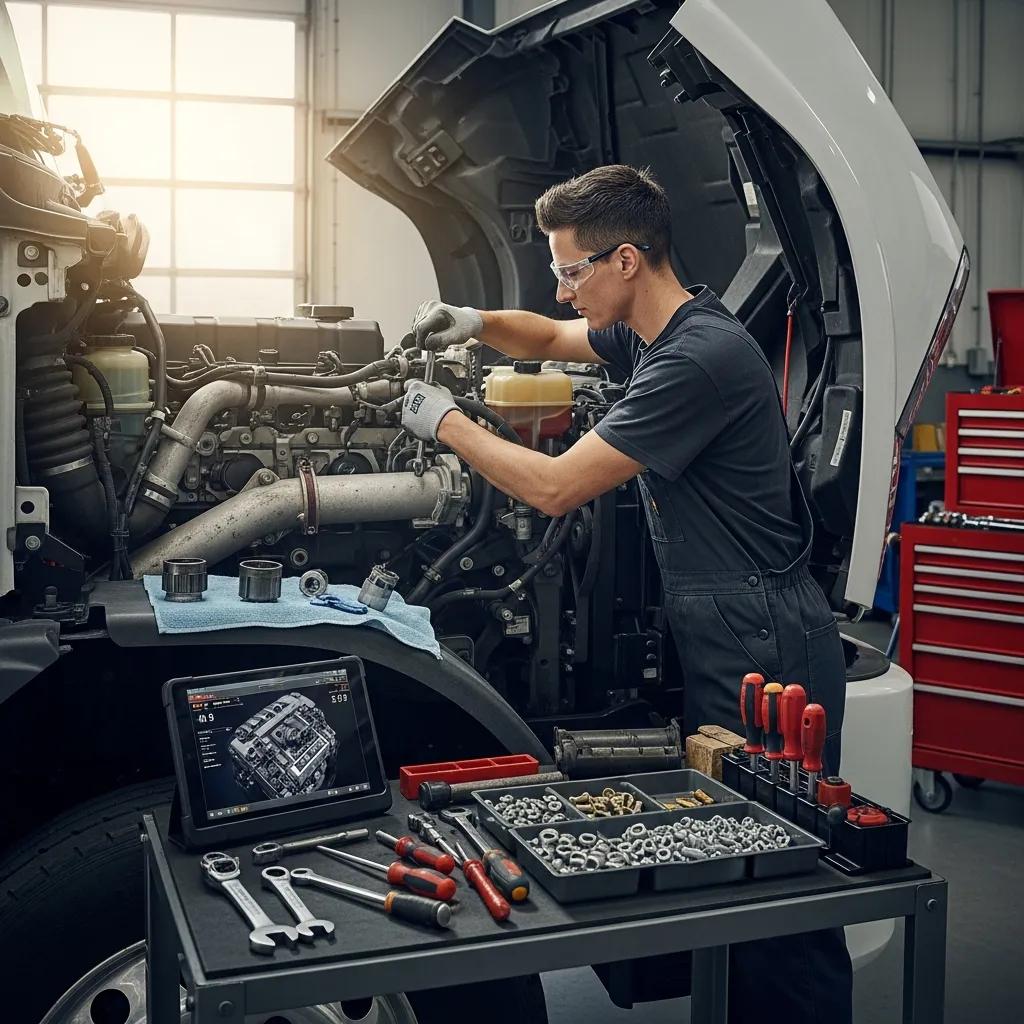 Mechanic repairing a truck engine in a garage, highlighting repair and labor expenses