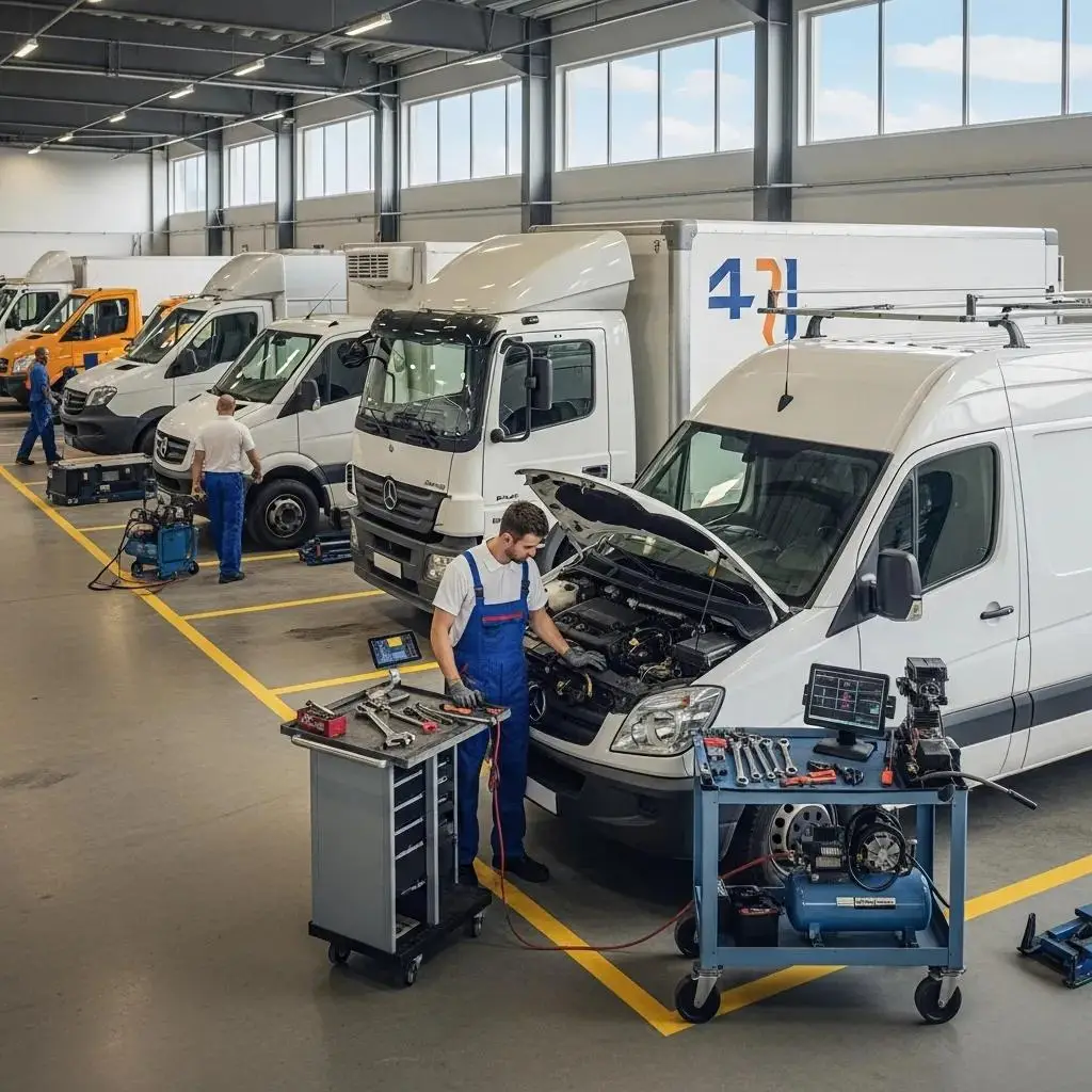 Technician performing preventive maintenance on a fleet of commercial vehicles in a service area
