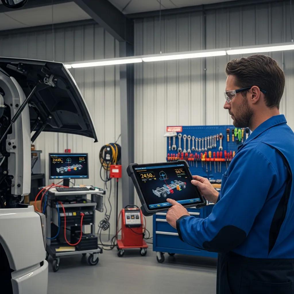 Technician using a diagnostic tool on a truck, showcasing advanced technology in fleet repair efficiency