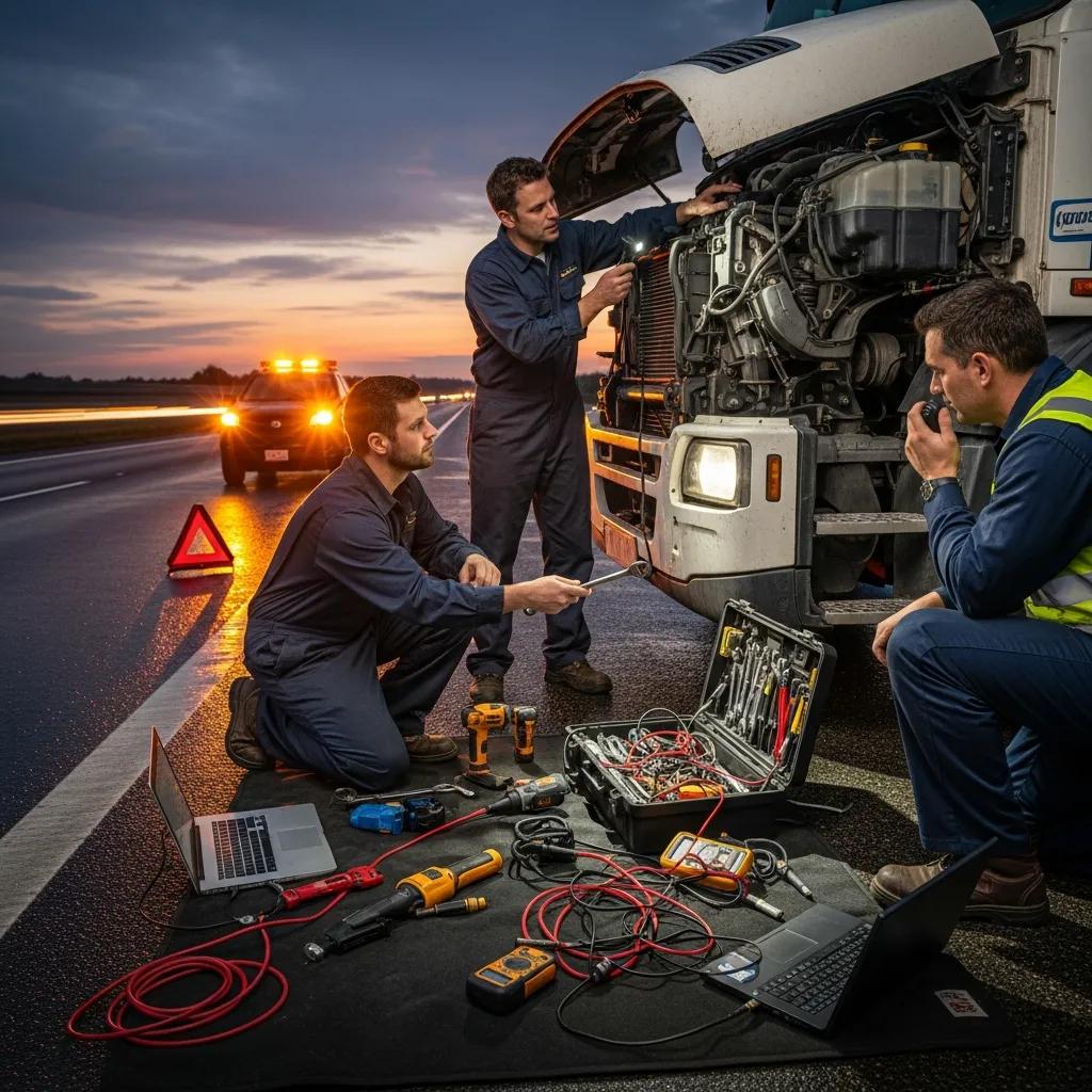 Technicians conducting emergency repairs on a commercial truck