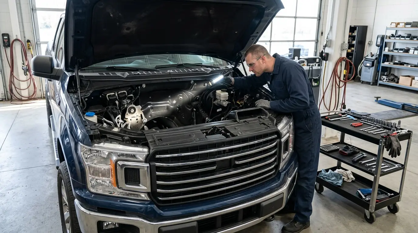 Technician inspecting an open engine bay on a pickup truck