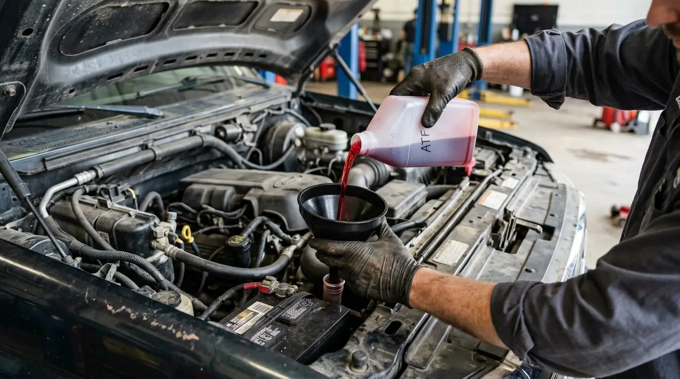 Technician checking transmission fluid on a pickup truck