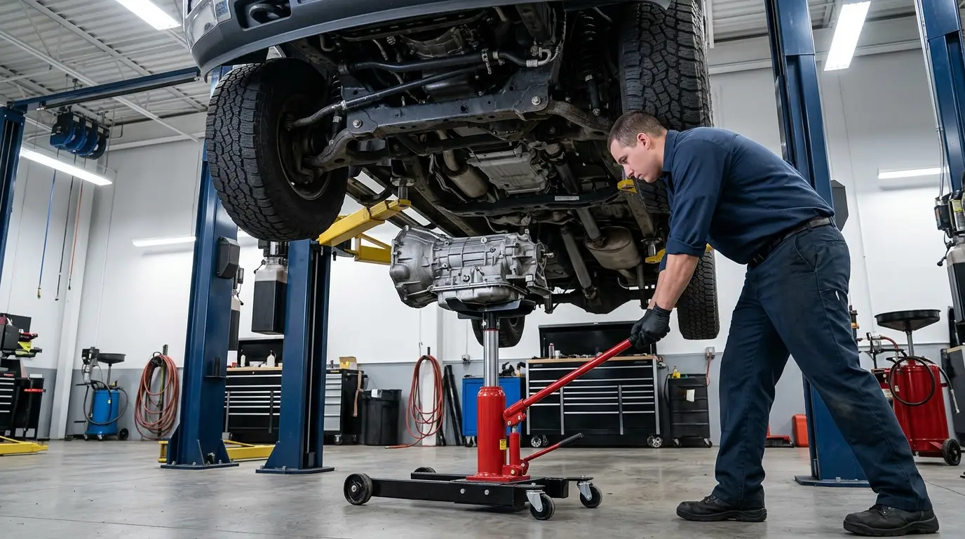 Certified technician performing a transmission replacement on a pickup truck at Truck City Service in Greeley, CO