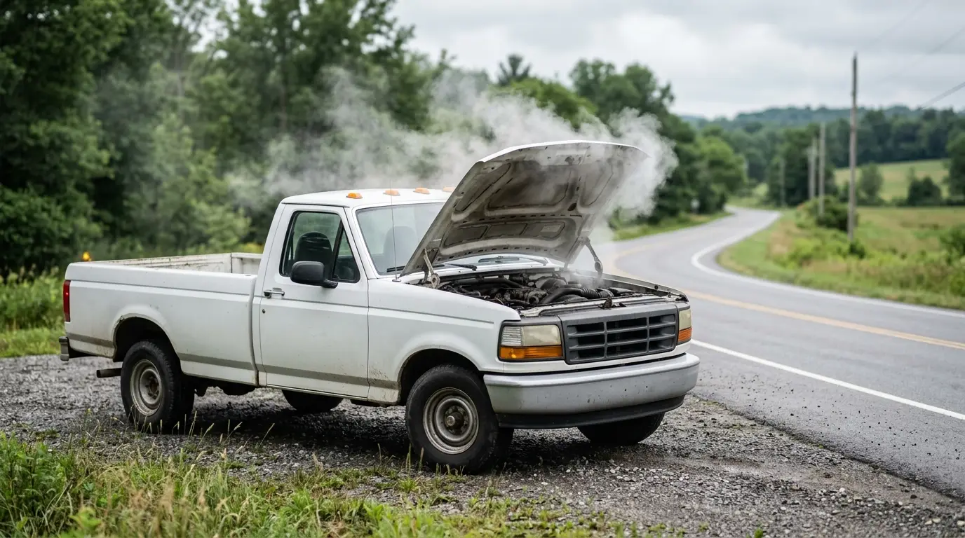 Pickup truck overheating on the side of the road with steam from the engine bay