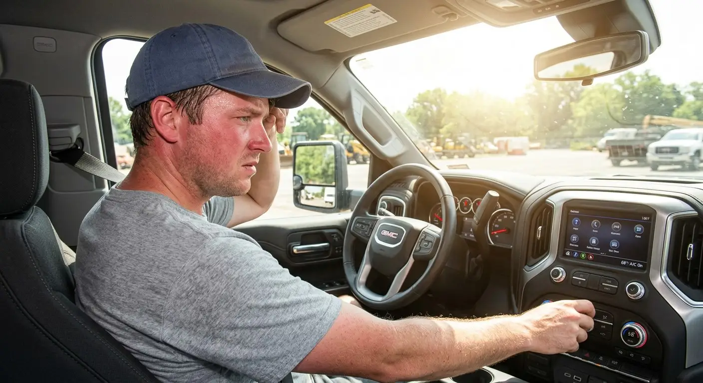Driver adjusting a warm automatic climate control system in a pickup truck