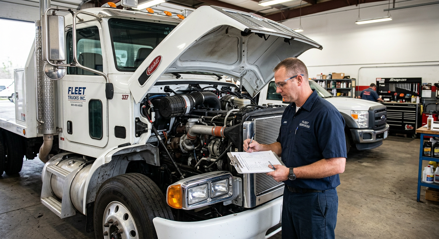 Fleet manager inspecting a commercial truck with a maintenance checklist, showcasing preventive maintenance best practices