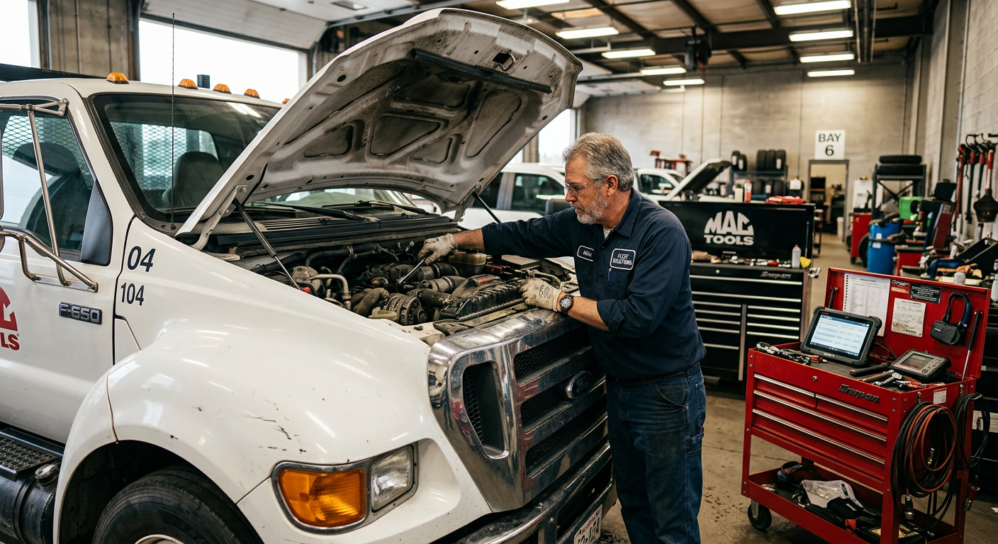 Mechanic repairing a truck engine in a garage, highlighting repair and labor expenses