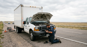 Truck City Service Technician and broken down box truck on the side of a highway